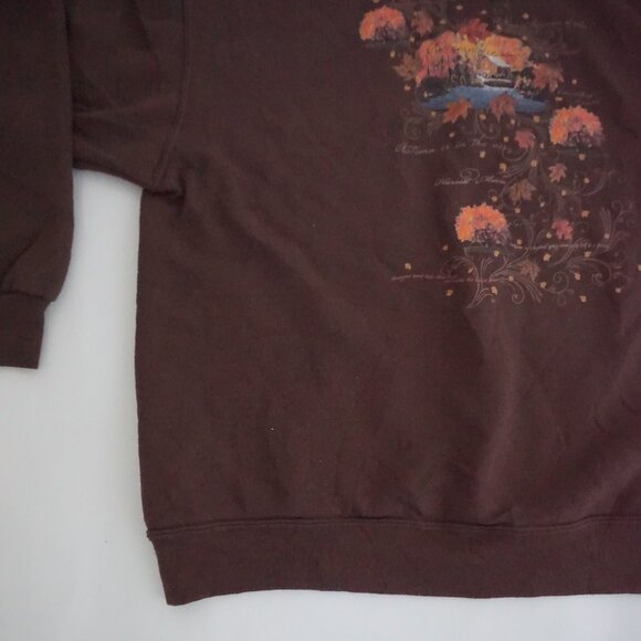 Vintage Jerzees Brown Autumn Landscape Cabin Lake Leaves Graphic Sweatshirt L - Picture 6 of 9
